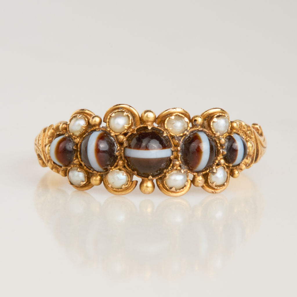 Victorian 1848 Banded Agate and Pearl Ring