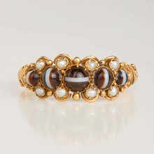 Victorian 1848 Banded Agate and Pearl Ring