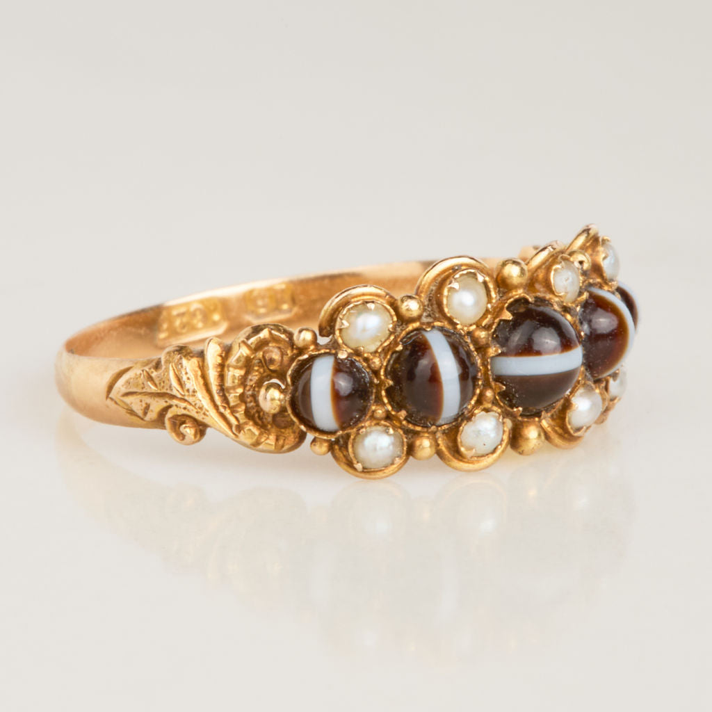 Victorian 1848 Banded Agate and Pearl Ring