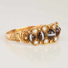 Victorian 1848 Banded Agate and Pearl Ring