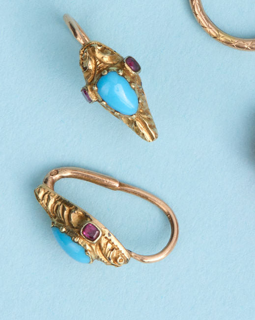 Georgian Ouroboros Turquoise and Ruby Hoops